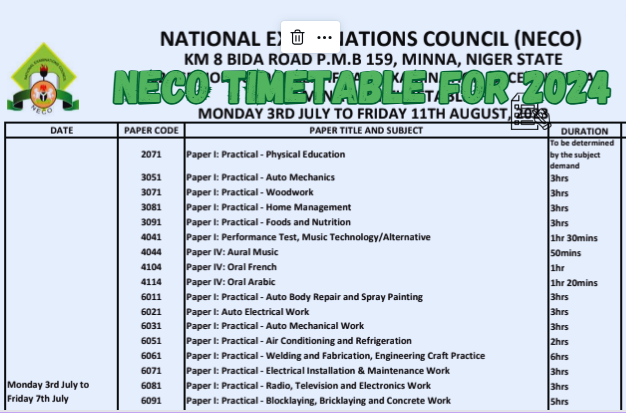 NECO Timetable for 2024 Exam Is Out – June/July SSCE (PDF Download)